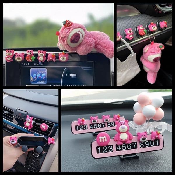 Internet Celebrity Strawberry Bear Cute Car Interior Ornament Doll Parking Sign Hook Display Accessories Decoration 250726