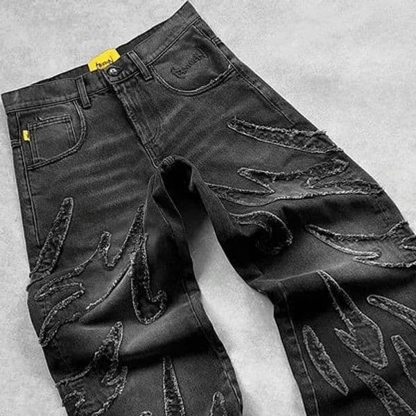 Y2K Harajuku Retro Graphic Patch Jeans Hip Hop Gothic Raw Edge Embroidery Black Baggy Jeans Wide Leg Denim Pants Mens Womens 250725