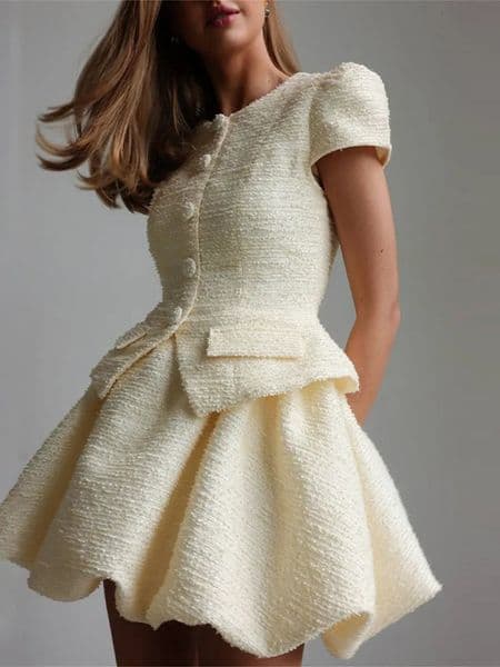 Tweed Puffy Sleeve Shirt Bubble Skirt Set Lady Retro Chic Solid Button Slim Shirts Mini Skirts Sets Women Party Outfits 250728