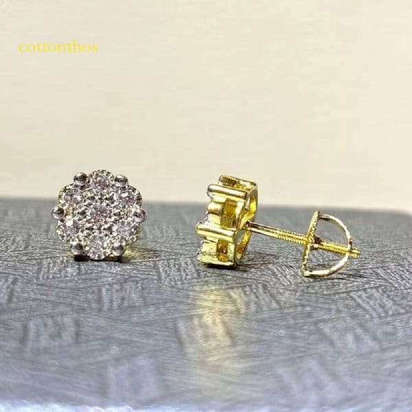 Hip-Hop Men's Ice-Cold 14k Gold-Plated Flower Spiral Back Cluster Tourmaline Earrings