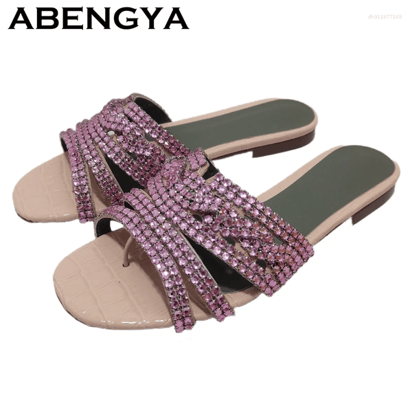 Slippers Shining Rhinestone Flat Women Square Open Toe Flip Flops Crystal Mules Ladies Summer Casual Beach Slides Shoes Female