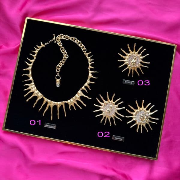 New Designed women Shine choker necklaces Sun radiance earrings brooch gold plated Designer Jewelry Schiaparelli-set036