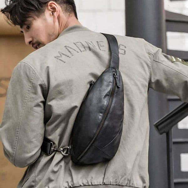 Fashion Genuine Leather Men's Chest Pack Shoulder Messenger Sling Small Leisure Bag Crossbody Black M129