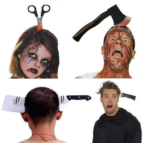 Halloween Horror Hair Bands Zombie Headbands Plastic Knife Axe Cleaver and Scissor Through Head Headbands Scary Masquerade Party XJ250728