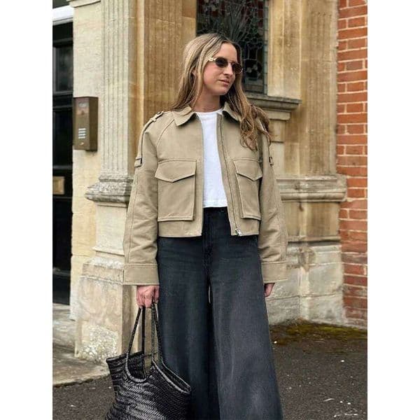 Vintage Women's Short Jacket Pockets Zipper Full Sleeve Khaki Green Thick Coats Spring Autumn Lady Loose Street Outwear