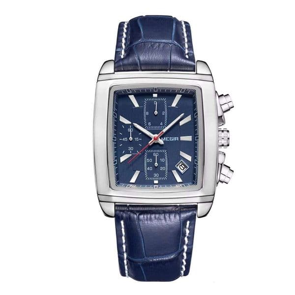 DHwatches MEGIR 2028 Men's Square Chronograph Watch - 39mm Leather Strap, Luminous, Waterproof 30M, Date, Business Quartz Watch