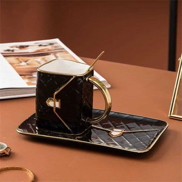 310ml Coffee Mug Set Tea Cup Handbag Styling Ceramic Coffee Cup Cappuccino Cup Cute Cups with Spoon (Black) X250728