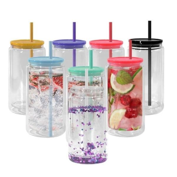 16oz Plastic Snow Globe tumbler double wall arylic tumblers with colorful lids and straw for Vinyl UV DTF sticker Summer Drinkware Mason Jar drinking cups 0729