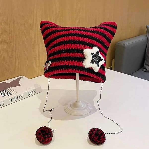 2K Beanie Hat Ins Devil Ear Striped Knitted Wool Cap Autumn Winter Hip-Hop Crochet Cute Cat Ears Pointed Pullover Womens Hats 250724