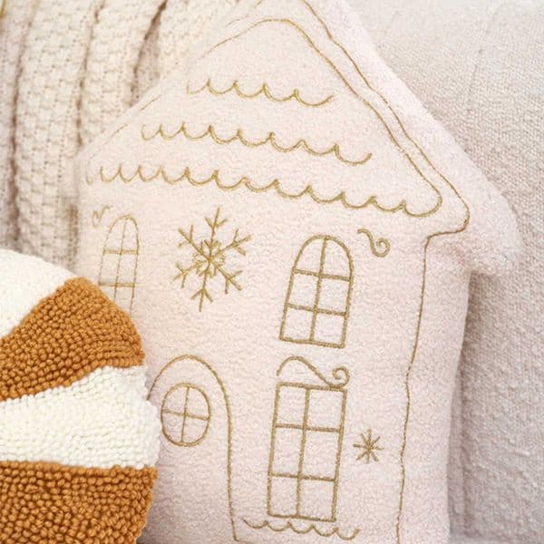 Christmas Cushion Christmas House Shaped Gold Embroidered Pillow Home Decoration Soft Comfortable Tufted Pillow Z250729