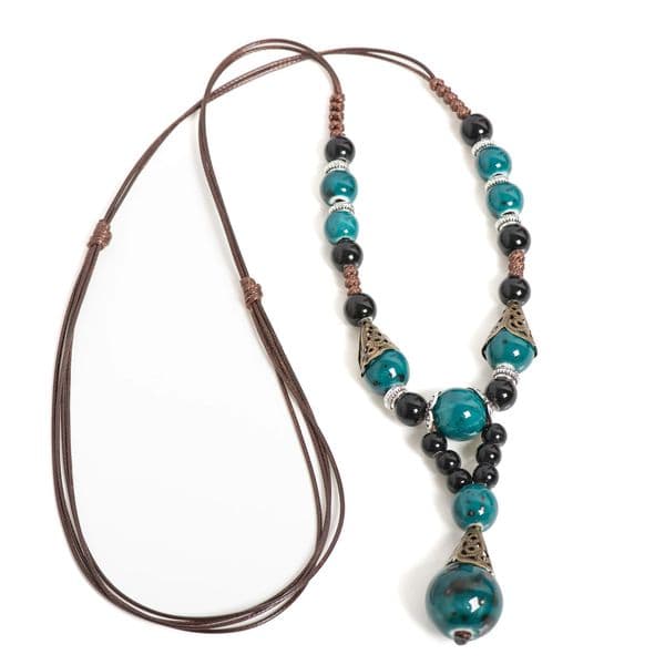 Handmade Blue Ceramic Bead Necklace Adjustable Wax Cord Boho Jewelry with 7cm Pendant Vintage Gift for Women 1126 250729