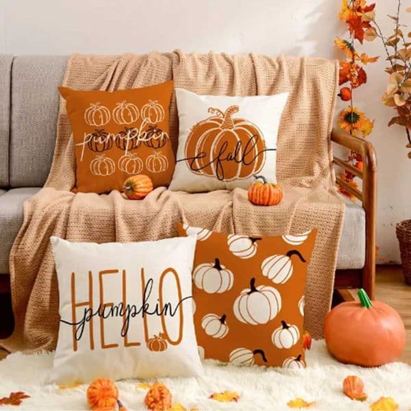 4pcs Vintage Fall Pillow Covers - Autumn Orange White Pumpkin Design for Thanksgiving No Pillow Core Included Z250729