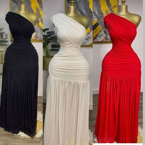 2025 Spring New Solid Color Sleeveless Asymmetrical Neck Ruched Slim Fit Split Long Dress for Women
