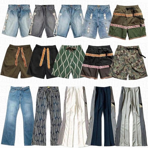 mens Shorts KAPITAL Blue Dyed Retro Distressed Loose Rivet-Inlaid Gemstone Denim Cotton jeans Jacquard feather pants bell bottoms Nylon x4wT#