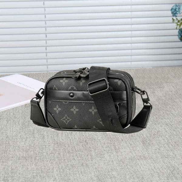 Designer Men's Crossbody Shoulder Bag with Multiple Pockets - Black embossed pattern Camera bag Luxury Fashion Handbag
