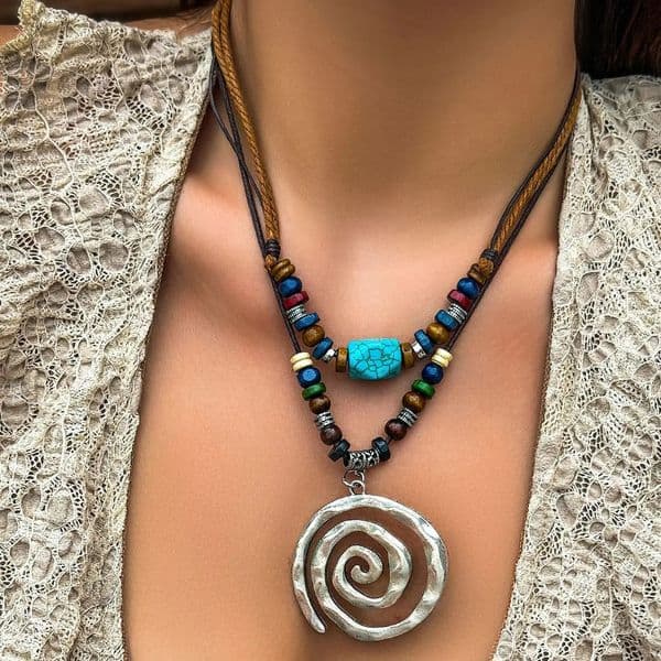 Lacteo Vintage Silver Color Big Spiral Geometric Pendant Necklace Simple Natural Stone Beads Rope Choker Women Fashion Jewelry 250729