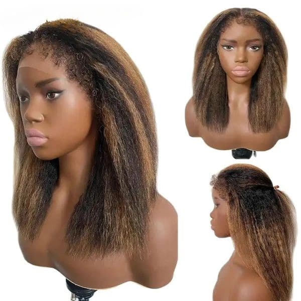Wear And Go Glueless Wig Highlight 13x4 Kinky Straight Bob Wig With Kinky Edges Natural Hairline Yaki Straight Wig Synthetic HD Lace Front Wigs