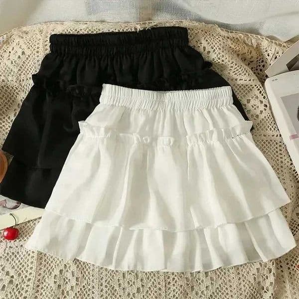 Summer Kawaii White Ruffles Skirt Women Fashion Slim Fit Chiffon Mini Skirts Girls Y2k All Match Elastic High Waist Black Skirts R250728