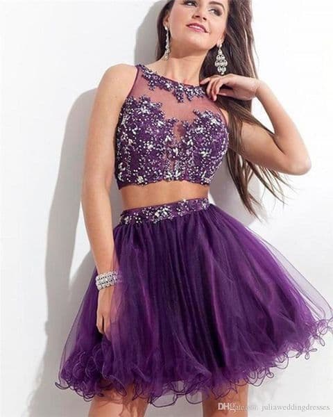 Sexy Purple Short Two Pieces Homecoming Dresses 2021 Beaded Crystal Appliques A-Line Prom Cocktail Graduation Gown