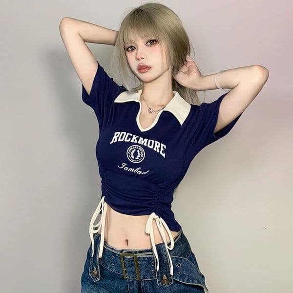 Women Sweet Spicy Style Clothes Lady Drawstring Tie Up Crop Tops Female Turndown Collar Graphic Short Sleeved Tshirts 250724