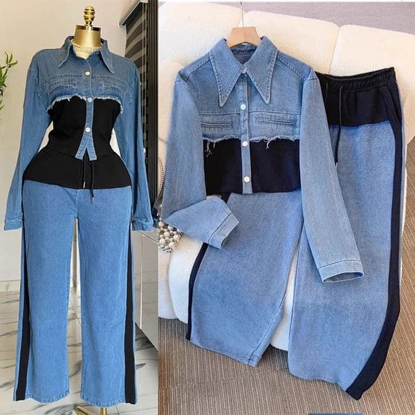 Two Piece Sets Women Pant Set Denim Splice Matching Spring Top Wide Leg Long Pants Casual Loose Lace Up High Waist Jogger 250730BJ