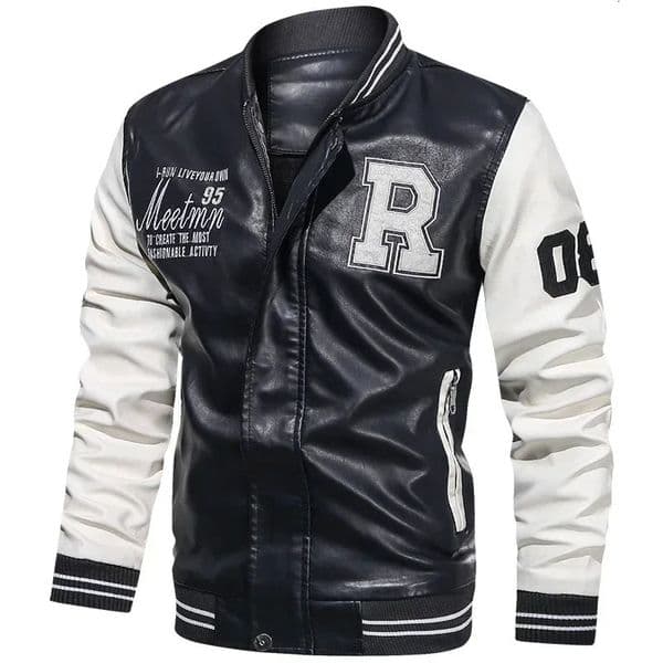 American Baseball Collar Pilot Casual PU Leather JacketSpring and Autumn Mens Motorcycle Suit Leather Jacket Color Blocking 250730
