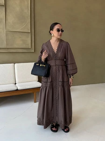 Elegant V Neck Long Puff Sleeve Embroidery Female Dress Chic Hollow Out A line Madi Dresses for Women Fashion Spring Lady Robes 250730