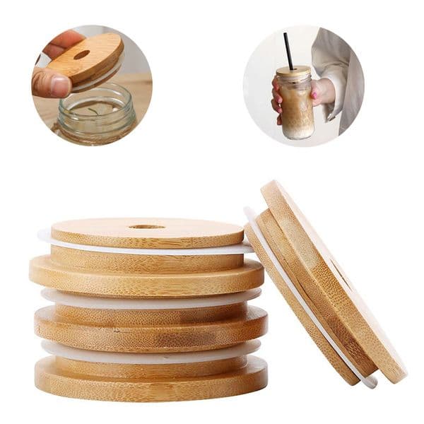 Bamboo Cap Lids Reusable Wooden Mason Jar Lid Sealing Caps With Straw Hole And Silicone Seal 70/86MM