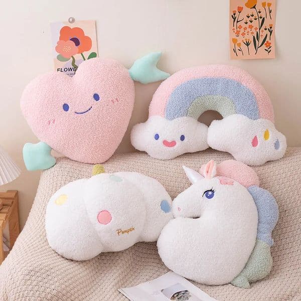 Soft Plush Rainbow Throw Pillow Stuffed Heart Pumpkin Hug Cushion Unicorn Plush Toy Massage Pillow for Girl Bedroom 250729