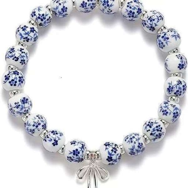 MAMA Other Letters Blue and White Porcelain Gold Beads Elastic Beaded Bracelet