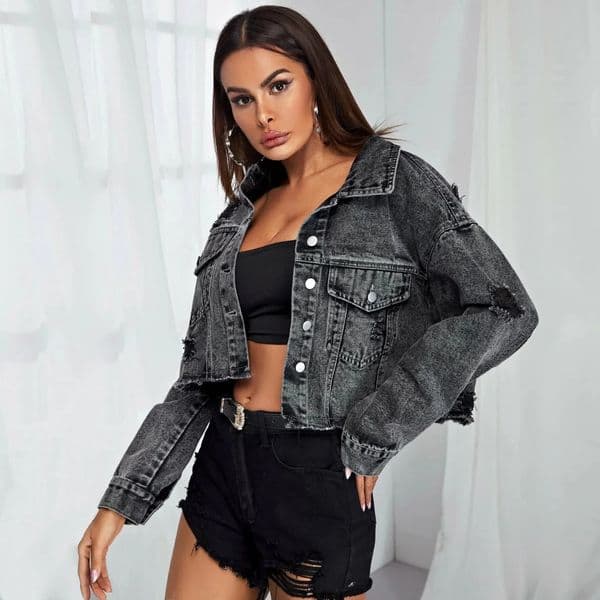 Donsignet Womens Jeans Jacket Spring Autumn Fashion Burr Hole Denim Coats Button Pockets Long Sleeve Black Casual Tops 250730