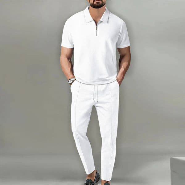 Trend Mens Sport Suit Autumn Mens Suits Solid Color Waffle Lapel Short Sleeve Zipper Pants Set for Men 250725BJ
