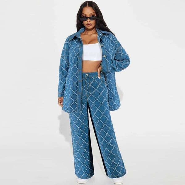Women's Clothing Denim Fringe Plaid Cardigan Drop Shoulder Long Sleeve Suit