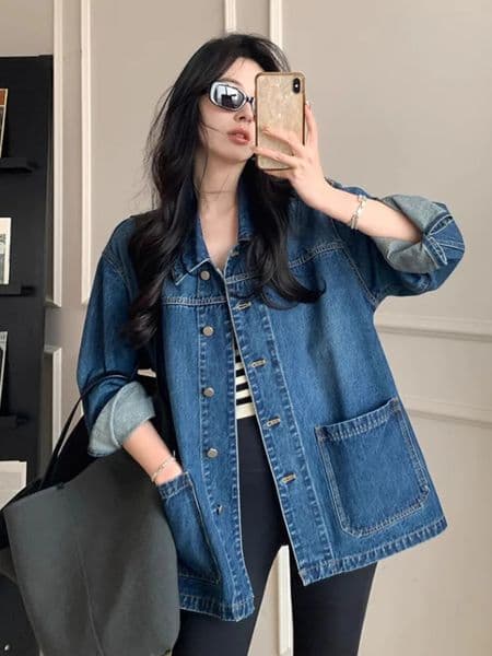 Simple Casual Loose Denim Jacket For Women Large Pockets Retro Turn Down Collar Long Sleeve All Match Coats Chic 250730
