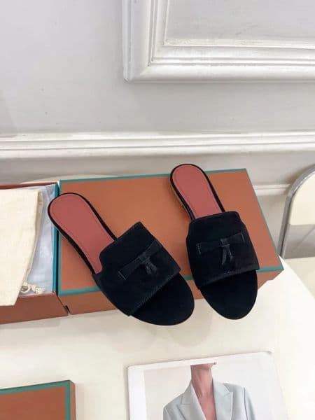 Women's suede flat slippers metal clasp mule fish mouth summer sandals solid with box pink brown black white blue