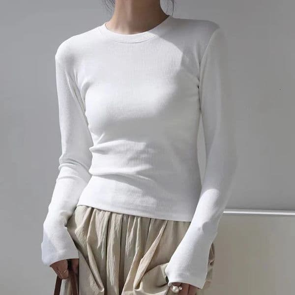 Cotton O Neck Long Sleeve Shirt Women Sexy Cropped Tops Autumn Black Casual Skinny Slim Basic Woman T Shirts White Clothing 250730BJ