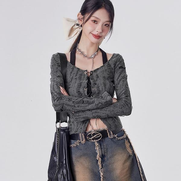 2026 European and American wasteland style fake two piece camisole tie long sleeved T shirt spicy girl top women s clothing new T shirt