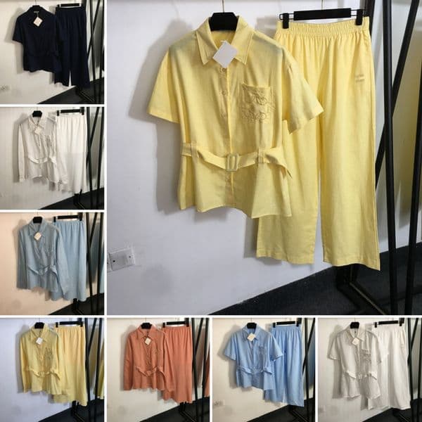 Fashion Linen Tracksuits Embroidery Pocket Designer Outfits Luxury Designer T Shirt Pants Spring Fall Casual Tops Skirts Set