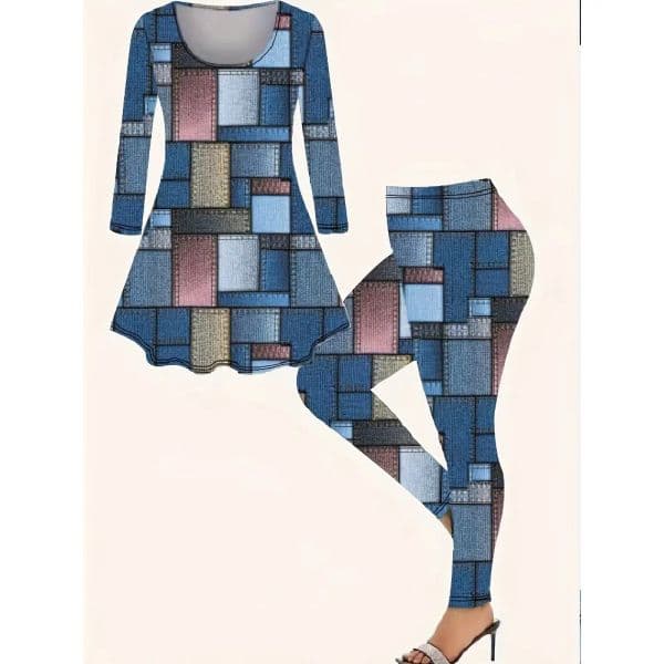 Plus Size Women's Crewneck Fashionable Casual Trouser Set