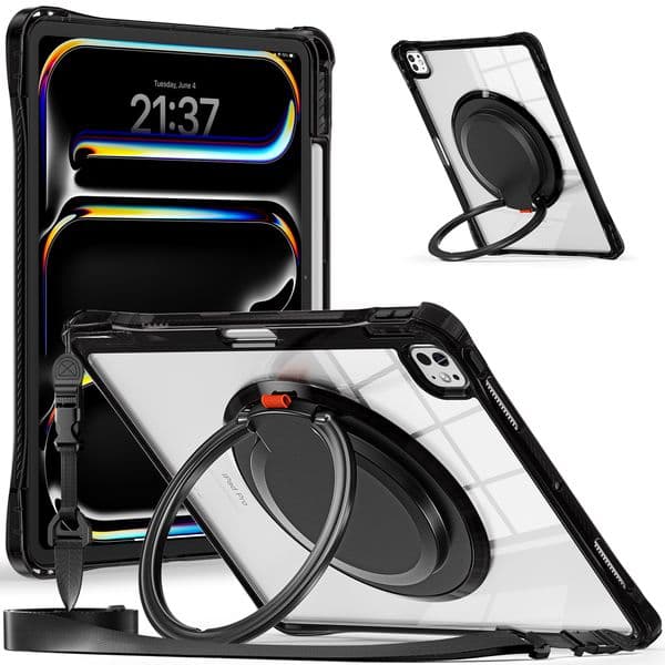 Clear Case For iPad Pro13" M4 A2925(2024),Air13 A3268 A2898(M3/M2) / Pro12.9(3th/4th/5th/6th)Gen Shockproof Kids Safe Tablet Case Handle Grip 360 Rotating Stand + Shoulder Strap