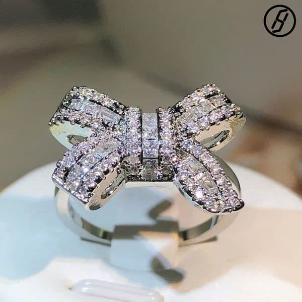 Wedding Rings 925 Silver Color Bowknot Bow Knot Bling Zircon Stone Rings for Women Fashion Wedding Engagement Jewelry Q260522