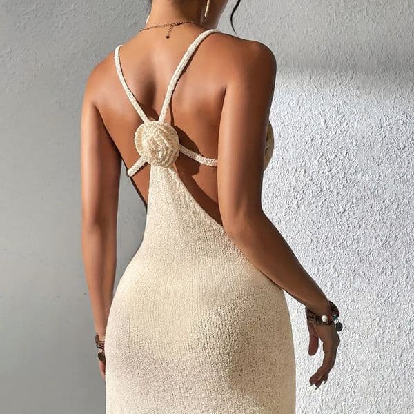 New Sexy Hollow Out Hot Girl Slim Fit See-through Slit Strap Dress Knitted Cover-up Dress for Women
