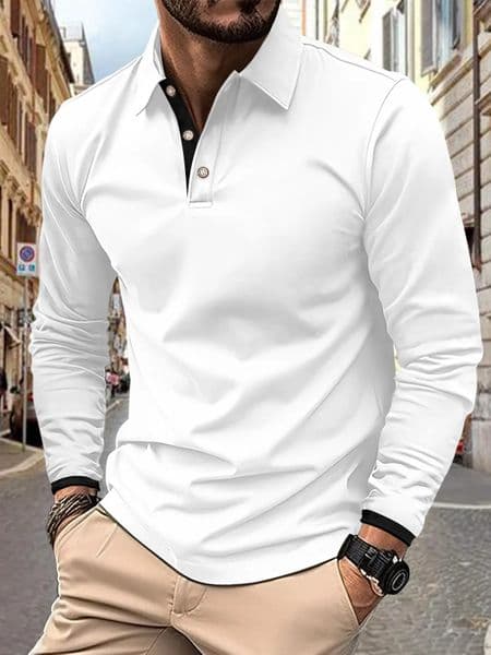 Spring and Autumn mens solid color business slimfit POLO shirt matching lapel long sleeve leisure sports polo 250731BJ