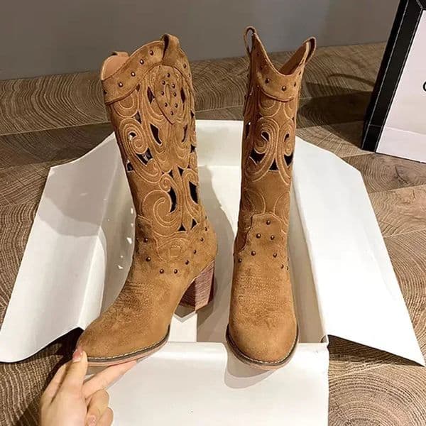 Hollow Embroidered Retro Western Boots Women Pu Leather Knight Booties Autumn Chunky Heels Knee High Woman Cowboy Boots 251030