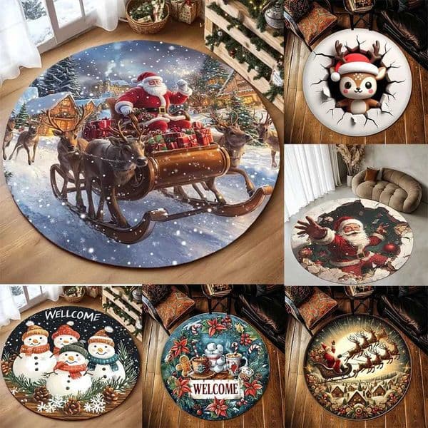 Santa Claus and Sled Round Carpet Christmas Tree Elk Snowman Round Carpet Bedroom Carpet Home Floor Mat Washable Leisure Carpet X251101