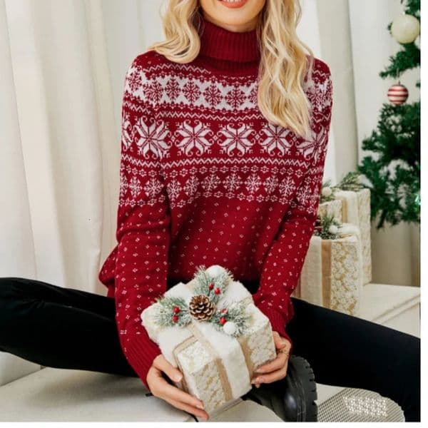 Winter Womens Christmas Sweater Full Sleeve Turtleneck Knitted Jumpers Soft Loose Jacquard Pullover Tops Female Xmas Look 251031