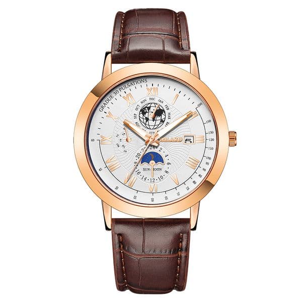Top Men Watch Sports Style 39mm Large Leather Racing Style Casual Fashion Original Black Rose Gold Moon Earth Calendar Quartz Watch Relogio