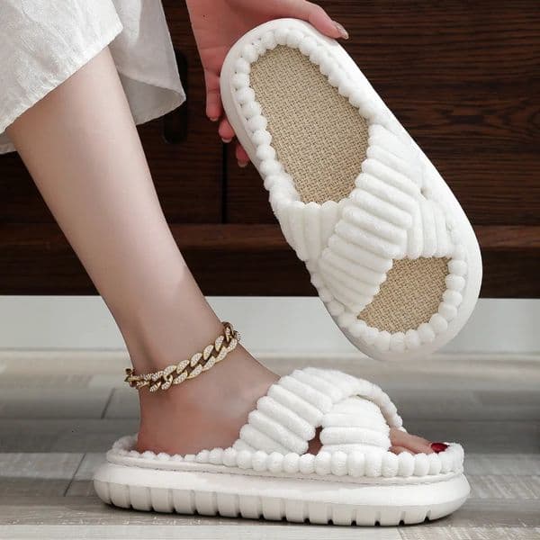 Autumn Winter Women Home Slippers OpenToe Cross Band Linen Soled Indoor Slides Linen Soled NonSlip Bathroom Slippers 251028