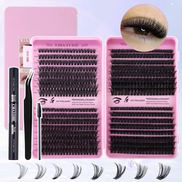 640Pcs DIY Cluster Lashes Kit with Lash Bond & Seal Thick Fluffy Individual Eyelashes D Curled Handmade Reusable DIY Segmented Eyelash Extensions for Women
