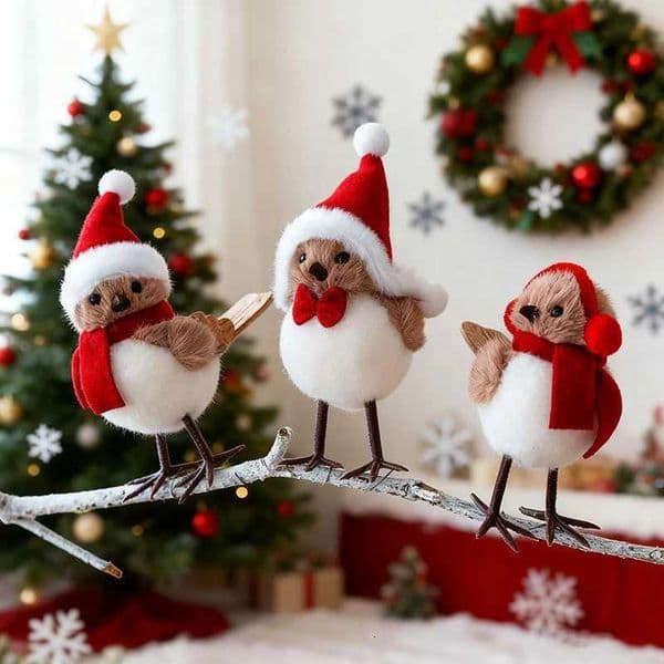Cute Small Plush Bird Pendant for Christmas Tree Hanging Fake Bird With Hats Xmas Navidad Happy New Year DecorationsXJ251101